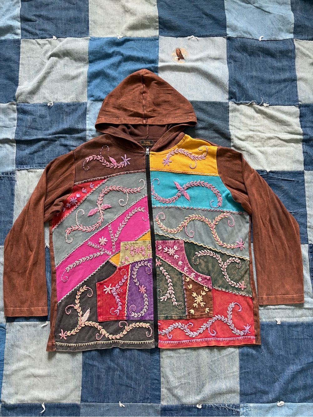 Y2K rising international boho patchwork embroidered floral hippie zip hoodie XL